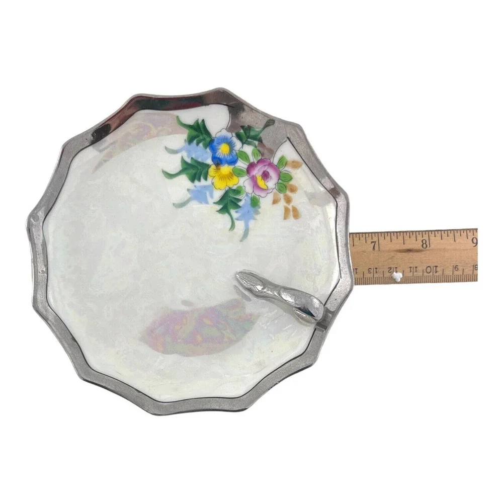 Lemon Server Nappy Dish Plate Silver Handle‎ Rising Sun Japan Luster Floral Vtg